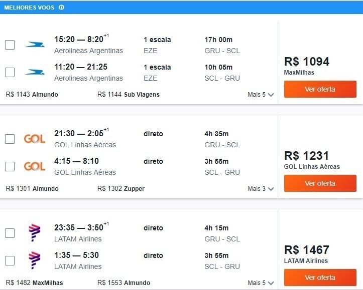 preço de passagem aérea para Santiago